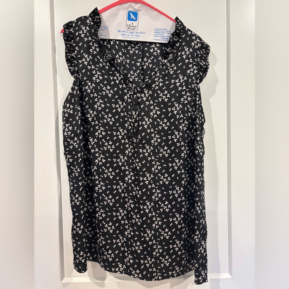 Talbots Black Sleeveless Ruffle Neck Floral Blouse
